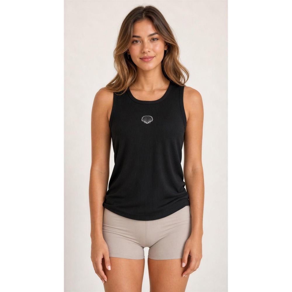 House of Harlow 1960 Black Ribbed Seashell Embroidered Tank Top NWT